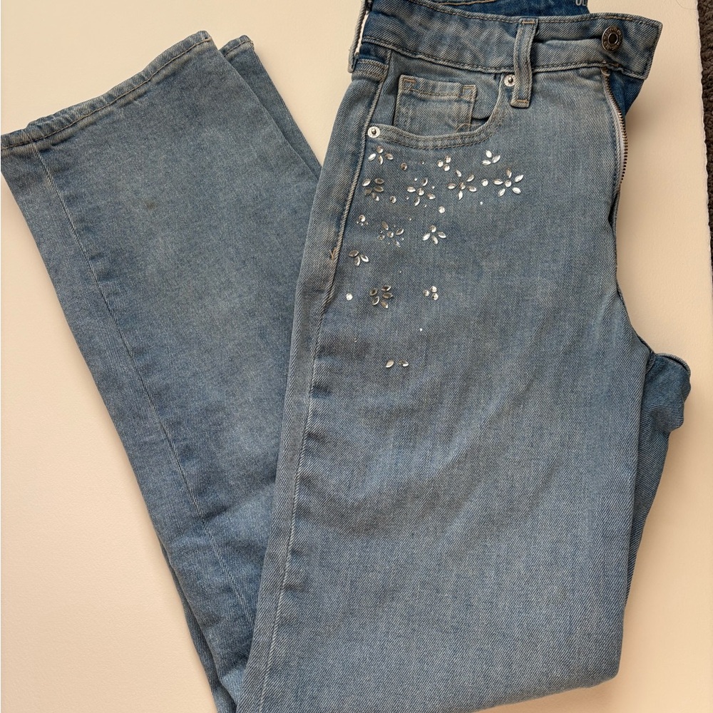 Old Navy Light Blue High-Rise Straight Leg Jeans with Embellishments
